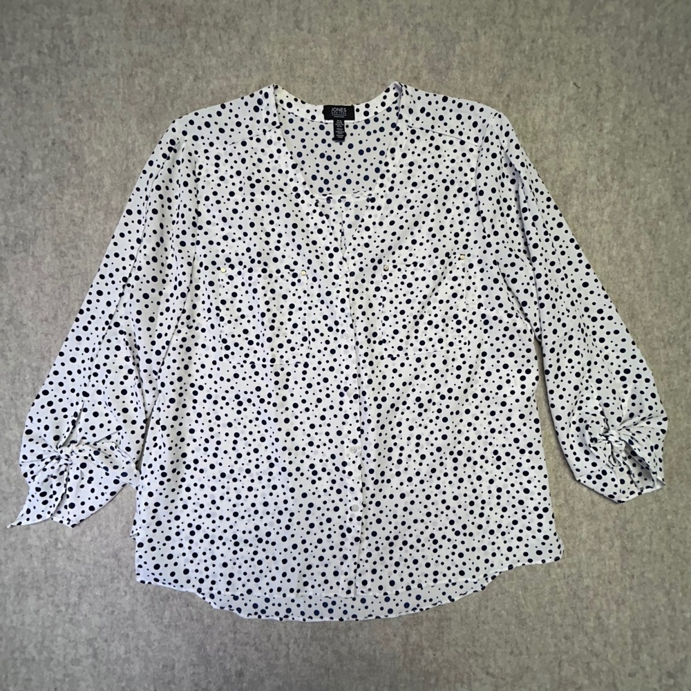JONES NEW YORK Women XL White Navy Blue Polka Dot Button Up Shirt Sleeve Ties